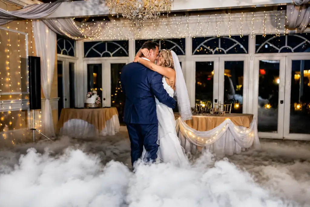 Bride and groom first dance on a fog-covered floor at a Best of Las Vegas 2026 award-winning wedding reception venue
